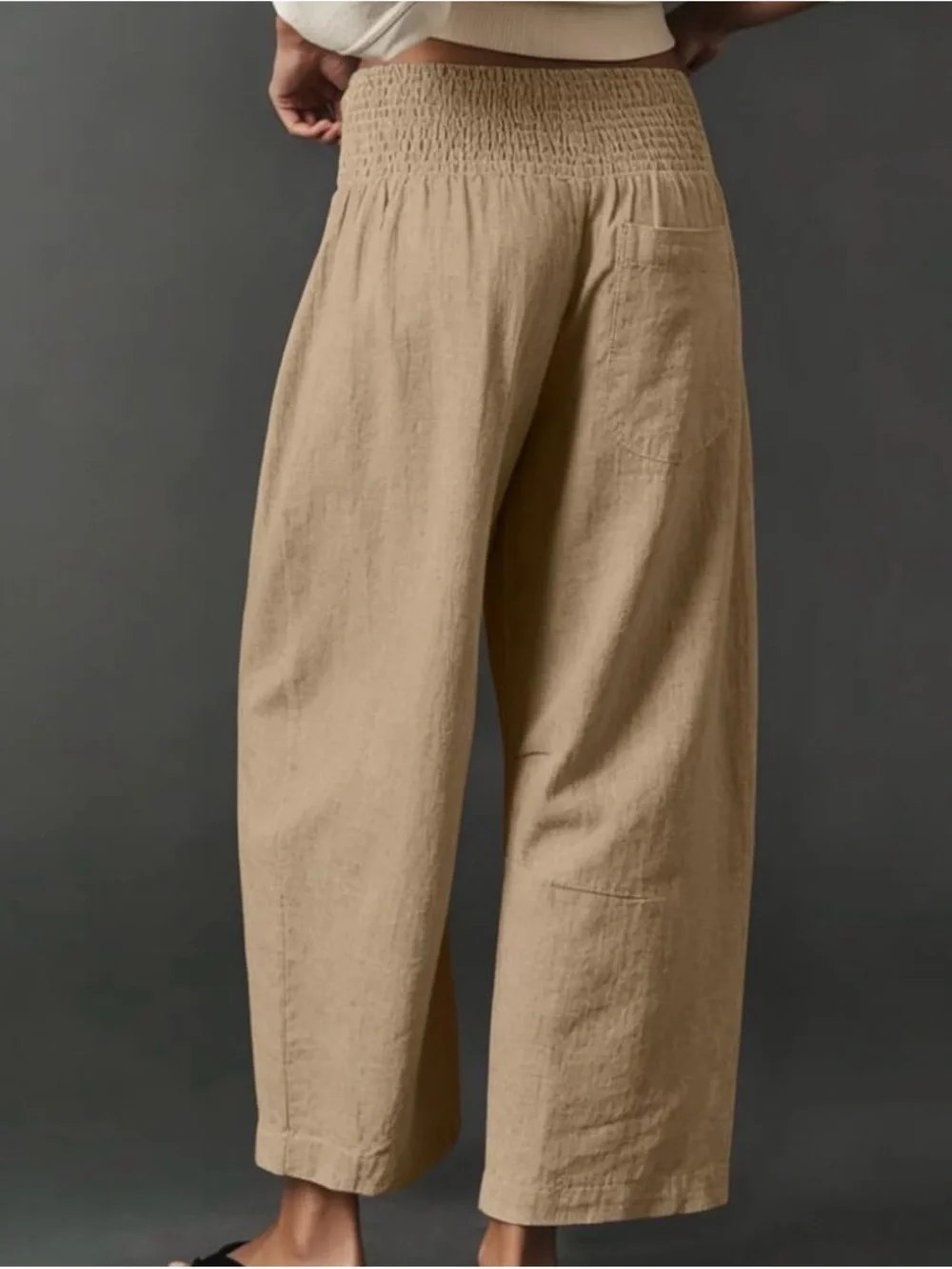 Barrel-Leg Smocked Elastic Waist Pants in Khaki